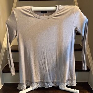 Indigo Blue Long Sleeve Top with Lace Hem in Light Gray